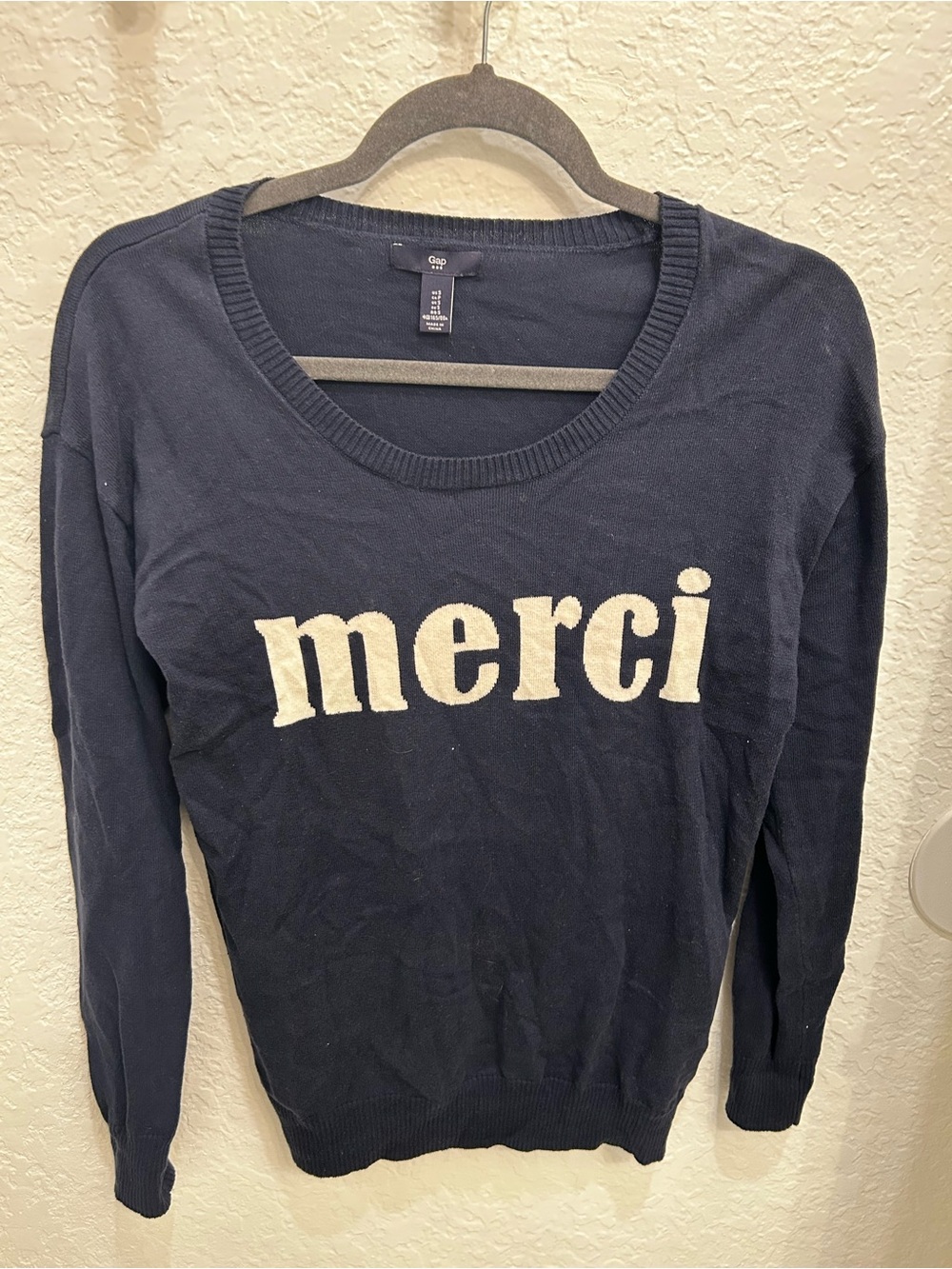 GAP Navy Crewneck Sweater with Cream "merci" Graphic
